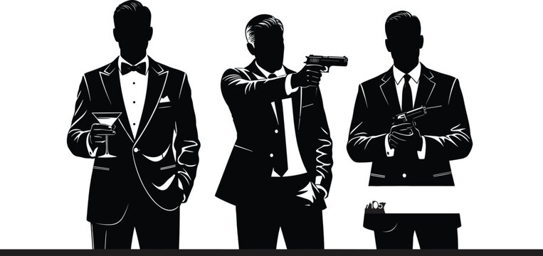 Gangster mafia men silhouette illustration with gun money drink, organized crime concept, black white vector art, mobster style criminal underworld scene