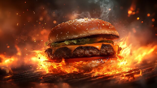 A juicy hamburger sizzles on a fiery grill with flames licking its sides and smoke rising, capturing the intense heat and aroma of freshly cooked meat in a dramatic close-up shot.