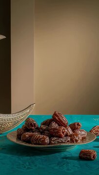 Vertical video: Camera framing metal plate of patterned dates on teal cloth for display, crescent