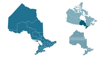 Ontario Map Set with Administrative Boundaries, Canada Location Map, and Dotted Silhouette Illustration © ZIIZE STUDIO