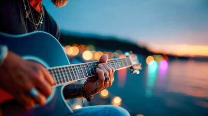 Obraz premium Tattooed musician playing acoustic guitar at sunset by the sea, close-up hands on fretboard with warm bokeh lights