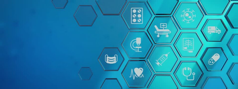 Health care wide banner animation. Medicine innovations. Effective treatment. Animated widescreen header copyspace with line icons. Web design template motion graphics. Concept background HD video