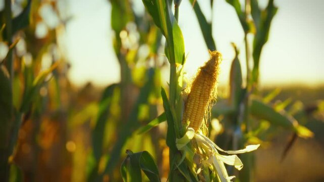 In a sun-kissed cornfield outdoors, vibrant yellow corn kernels glisten on the cob amidst lush green stalks during a serene evening sunset. The natural scenery showcases nature's palette