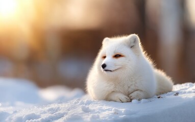 Fototapeta premium Tranquil Arctic Fox Resting on Soft Snow in Icy Winter Landscape at Dusk