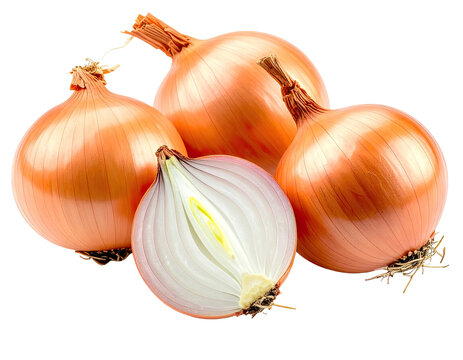 Four golden onions, one sliced revealing layered white and purple interior