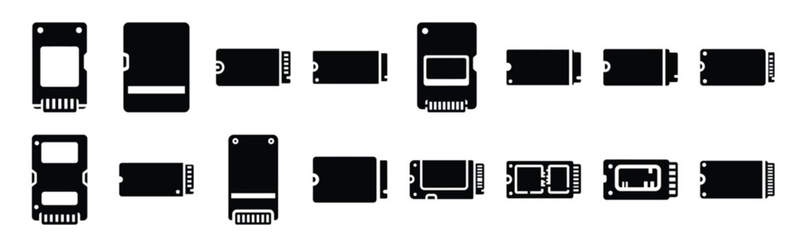 ssd storage technology web icon set in silhouette style.