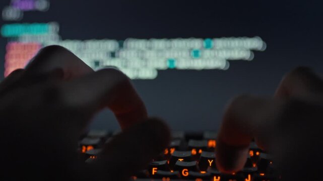 A skilled developer swiftly types intricate code on the keyboard, refining a sophisticated LLM machine learning model displayed on the computer screen