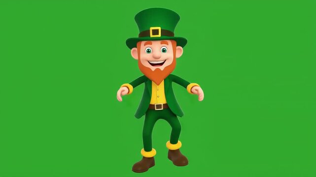 Cartoon leprechaun dancing on green screen for chroma key animation, cheerful character in St. Patrick&rsquo;s Day attire, looped festive motion for holiday videos.