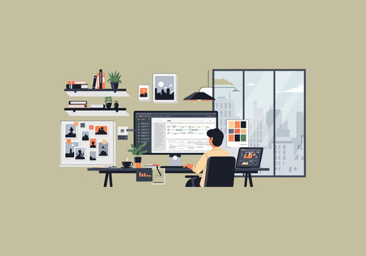 Vector Ilustration Flat Design Idea Man working diligently at his computer desk in a modern office setting.