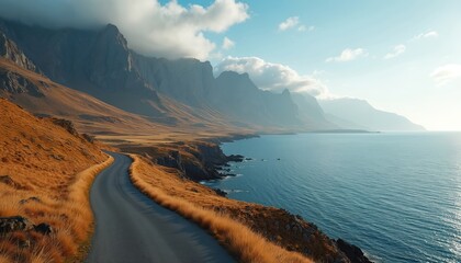 Fototapeta premium Winding asphalt road hugs rocky coastline under imposing mountains and bright sky. Ocean waves gently lap shore next to dry grass hills. Scenic drive towards horizon.