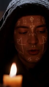 Vertical video: Chanting man wearing cloak with white face marks in dim room as candle burning