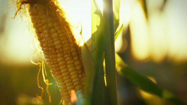 In a vast open cornfield, vibrant yellow corn kernels on a cob and a green stalk are captured under the warm, golden glow of a sunset in the evening, amidst the serene atmosphere of a rural landscape
