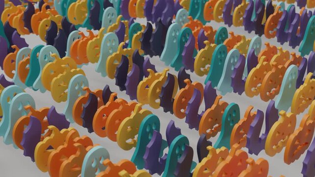 Abstract 3D seamless animation of flat colorful Halloween icons arranged on surface, moving rhythmically in linear waves over a clean white background, ideal for design and motion graphics