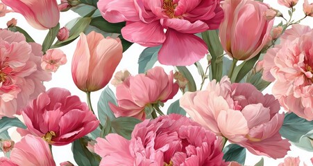Obraz premium Elegant, chic, vintage seamless repeatable pattern featuring blooming pink peonies and tulips on a white background