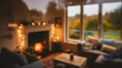 Fototapeta premium Rainy day serenity a cozy living room glows warmly through window reflections of autumn nature