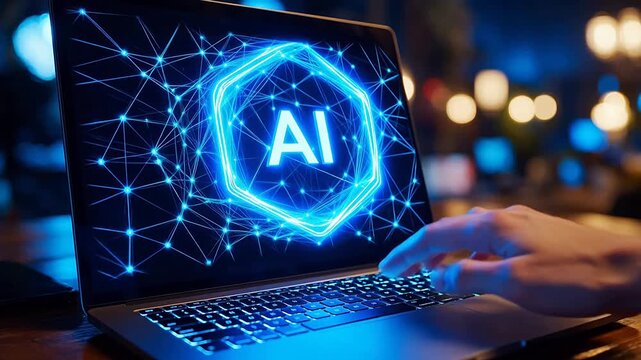 Hand typing on laptop with AI icon