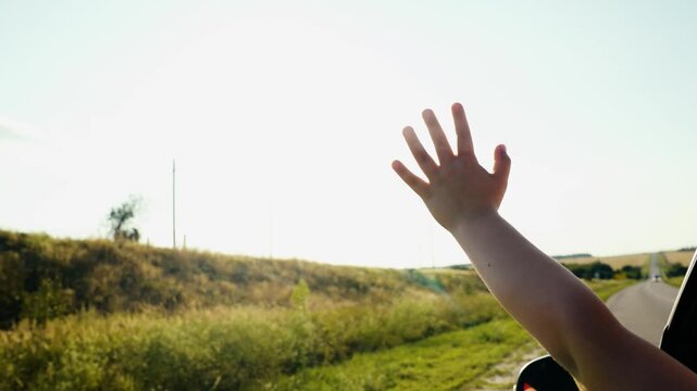 child kid car hand car atmosphere filled with freedom carefree, summer travel, child lets wind pass through fingers, child sense adventure exploration, family vacation travel, sightseeing tour, unique