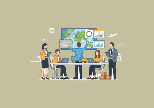 Vector Ilustration Flat Design Idea Diverse Team Collaborating on Global Business Strategy with Digital Analytics.