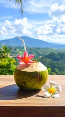 Coconut drink with flower atop a wood table. Mountain view on a sunny day