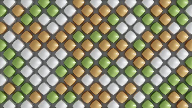 Top-down view of endless 3D grid of white, green and gold cubes transforming into spheres in hypnotic motion. Abstract geometric background for creative projects and motion design