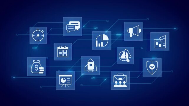 Corporate activity organization animated banner with line icons. Business workflow. Outline symbols on dynamic background. Dark to light transition. HD video for website header, presentation