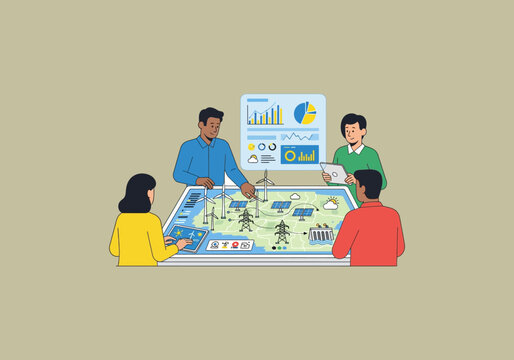 Vector Ilustration Flat Design Idea Diverse team collaborating on smart grid technology innovation.