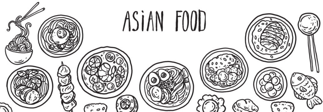 Hand drawn asian food sketch . Whimsical food and drink doodles set. Hand drawn vector illustration for menu, packaging design. Asian cuisine quirky icons, simple sketch style. Minimalist line art