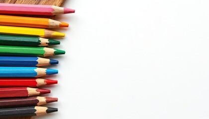 Fototapeta premium Multiple colored pencils arranged in row on wooden board, white paper. Pencils sharp, ready for drawing. Vibrant colors from pink to black create artistic spectrum. Great for creativity, education.