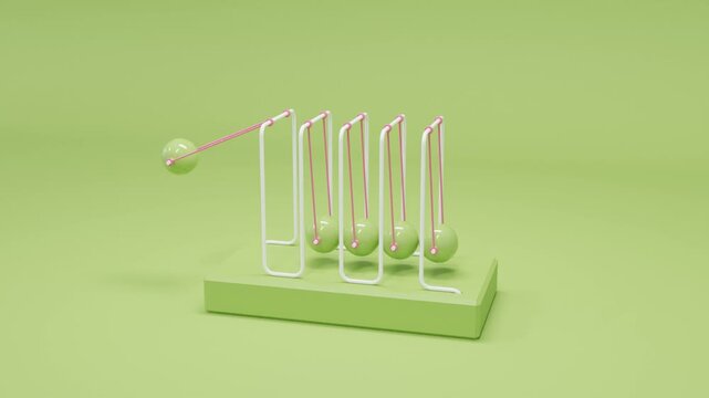 3D abstract background showing a metallic pendulum with five spheres moving rhythmically on a green background, creating a sense of motion, symmetry, and minimalist kinetic energy