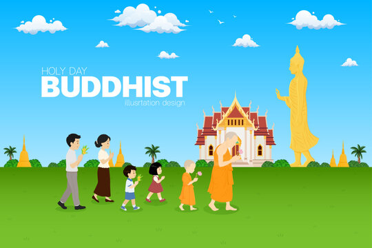 Monks, novices, and Buddhists are walking in a circumambulation ceremony amidst the natural surroundings of a Thai temple.