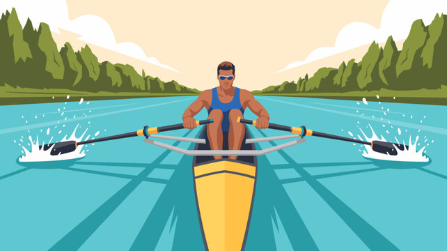 Rowing athlete paddling single scull boat on calm river surrounded by nature landscape