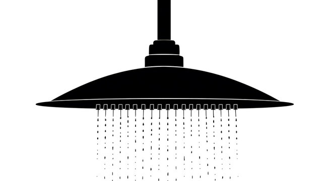 A minimalistic silhouette of a shower head with water droplets falling gracefully. The shower head design is simple and elegant. 