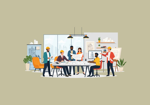 Vector Ilustration Flat Design Idea Diverse Team of Architects Collaborating on a Blueprint Project.