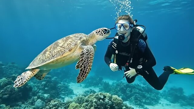 Scuba Diver Swimming Near Sea Turtle Underwater