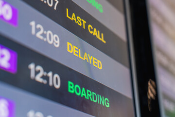 Airport flight information board displaying delayed and boarding status © Martí Rosselló