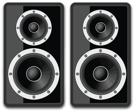 Audio speakers illustration, modern black sound speakers with white accents isolated on white background symbolizing audio technology and music playback equipment.