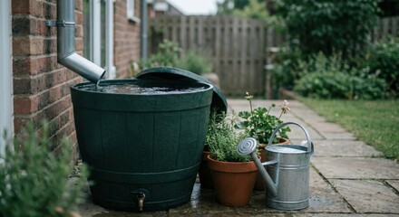 Fototapeta premium Rainwater flowing from house downspout into green barrel beside potted plants and watering can in backyard garden, sustainable gardening, water conservation, eco friendly living, home garden care.