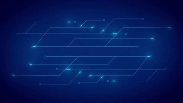 Glowing circuit board network animated widescreen background. Digital technology. Horizontal wide banner copyspace loop animation. Dynamic motion graphics design. HD video with alpha channel