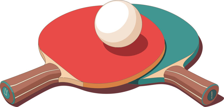 Table tennis rackets illustration, two ping pong paddles holding a ball isolated on white background representing sport equipment and indoor game activity.
