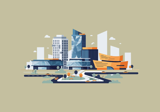 Vector Ilustration Flat Design Idea Modern Cityscape with Sleek Architecture and Green Spaces.