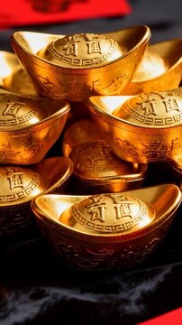 Vertical video: Panning camera showing stacked gold sycee ingots on dark cloth with red-card glow