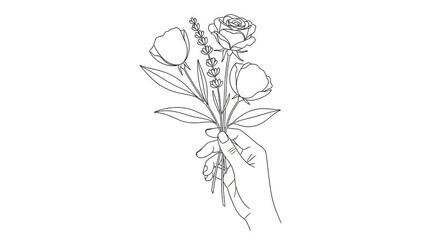 Fototapeta premium Delicate hand holding floral bouquet line art on white background