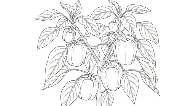 Detailed drawing of bell pepper plant with ripe peppers and leaves on white background