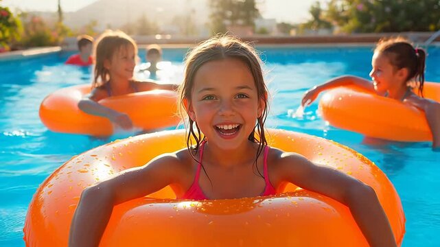 Children playing in pool with floaties