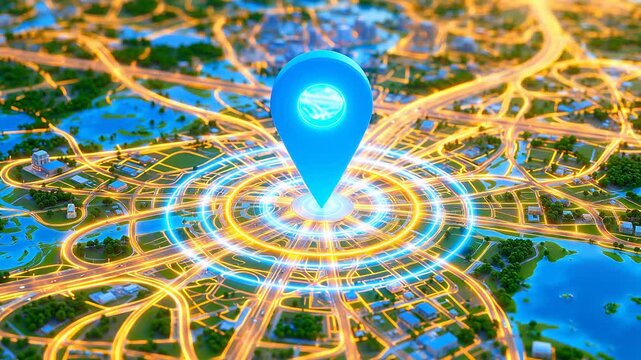 Futuristic city map with glowing location pin