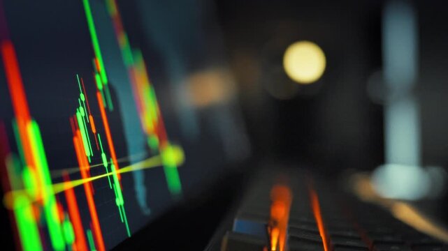 A real-time cryptocurrency trading screen exhibits a fluctuating candlestick chart, with green and red bars dynamically shifting to reflect market volatility and sharp price movements