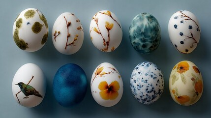 Obraz premium Close-up of Hand-Painted Easter Eggs with Floral and Nature Designs in Soft Lighting