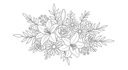 Fototapeta premium Elegant floral line art illustration of lilies roses and daisies for design projects