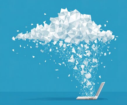 Intricate Geometric Pattern on a Solid Blue Background with Moving Cloud and Stationary Laptop