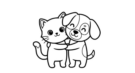 Fototapeta premium cute cat and dog hugging, black and white vector illustration, kawaii style, thick outlines, simple cartoon pets, minimal shading, isolated on white background, adorable pet friendship